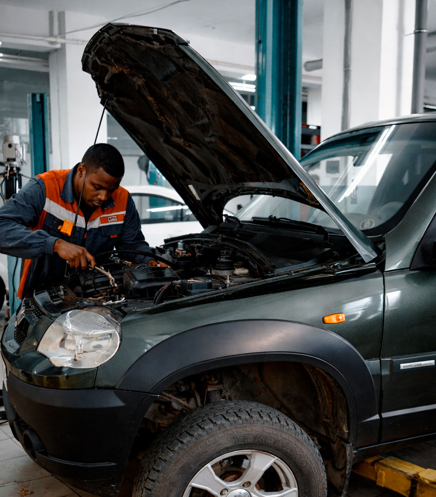 Professional mechanic working on car